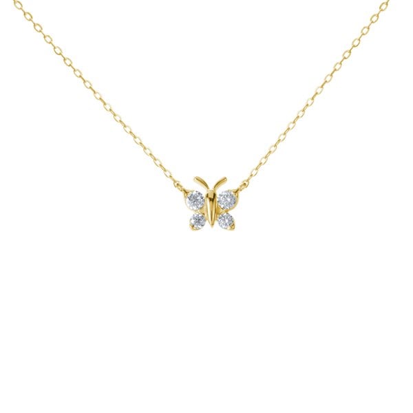 9mm butterfly pendant necklace by BLOOMTINE, crafted in tarnish-resistant gold over sterling silver with sustainable moissanite stones. Featuring an adjustable 14.5 to 16.5-inch chain for a bespoke fit, this dainty gold necklace is an ethical diamond alternative for meaningful gifting