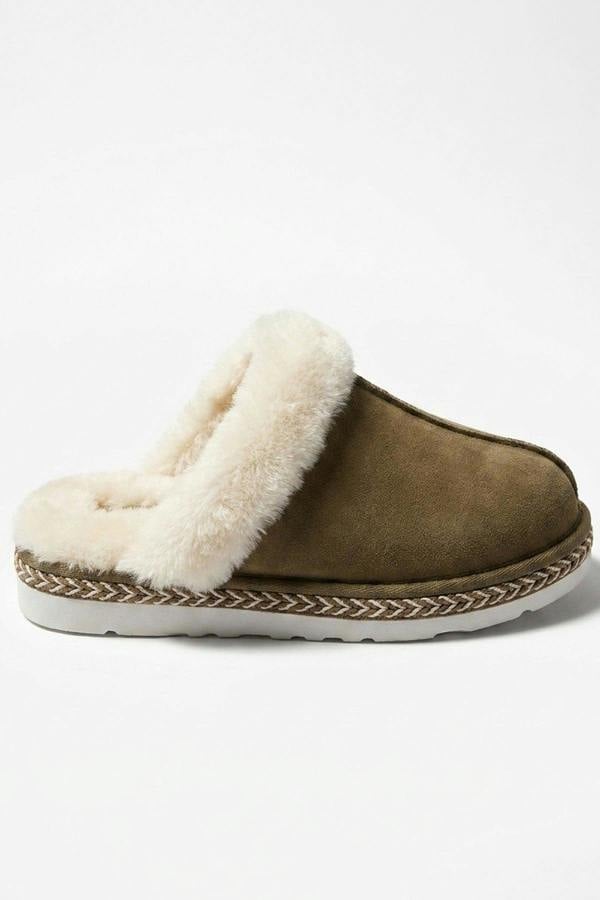 Constance Faux Suede Faux Fur Mule - Khaki