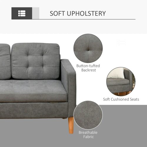 Wyld Haus Fabric Grey 3 Seater Sofa With Hidden Storage Tufted Seat And Wooden Legs