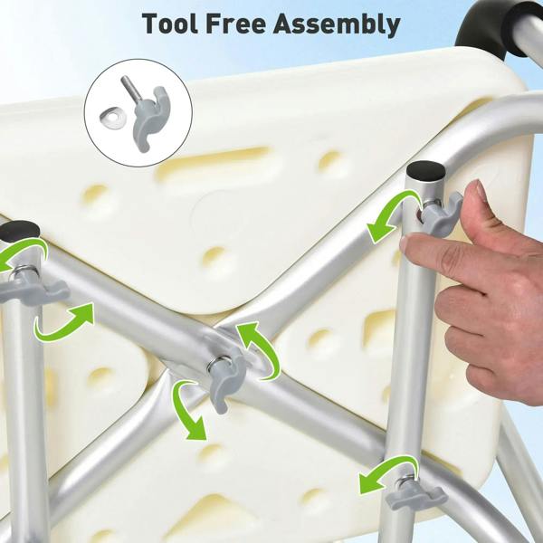 White shower chair frame with black armrests and backrest, tool-free assembly hardware