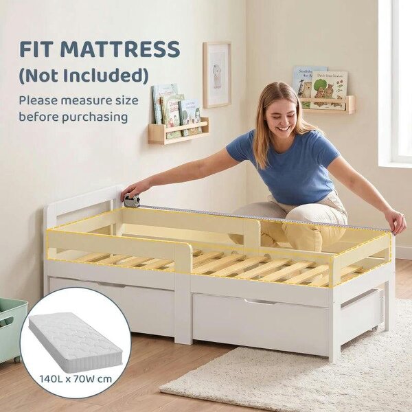 Wooden Kids Bed Frame with 2 Storage Drawers and Guard Rails for Ages 4-14, 144 x 76 x 57 cm (No Mattress), White