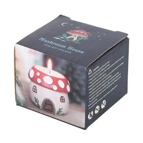 Mushroom house tealight holder gift box showing red polka-dot candle house