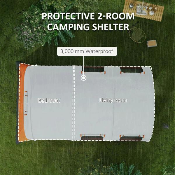 Two-room family camping shelter with separate bedroom and living room space layout