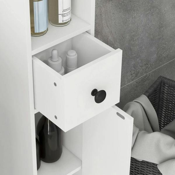 White bathroom cabinet with open drawer showing bottles and containers on inner shelves.