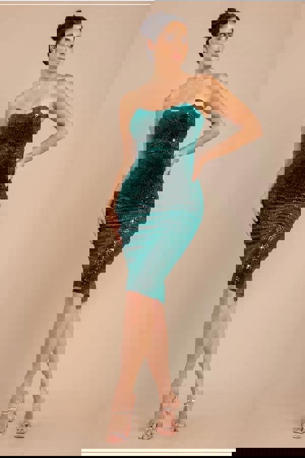 Bandeau Sequin & Velvet Midi Dress - Emerald Green DR3718