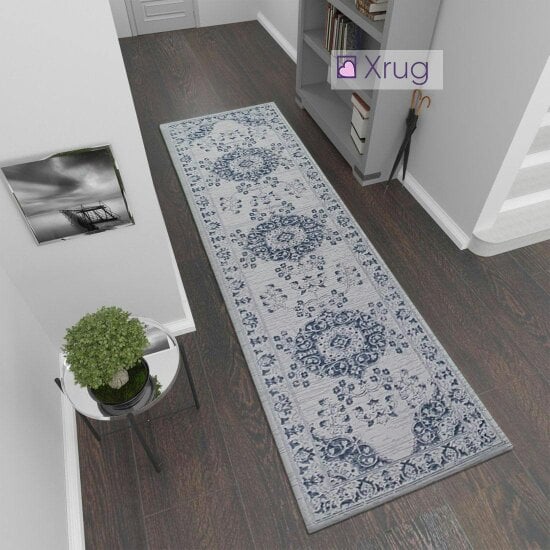Oriental Rug Runner 100% Cotton Natural Hallway Carpet Washable Natural Woven Mat - 75x300cm - Grey Navy Runner