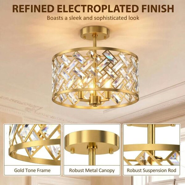 3-Light Crystal Glass Ceiling Light, Modern Ceiling Lamp w/ 3 E14 Sockets for Living Room, Bulb Not Included, Gold Tone
