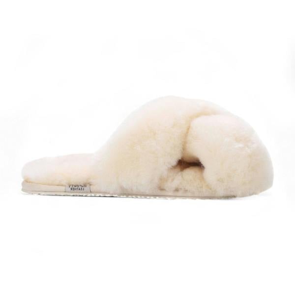 Infinity Leather Women's Sheepskin Slippers Beige Warm Winter Fur Crossover - Snowbelle