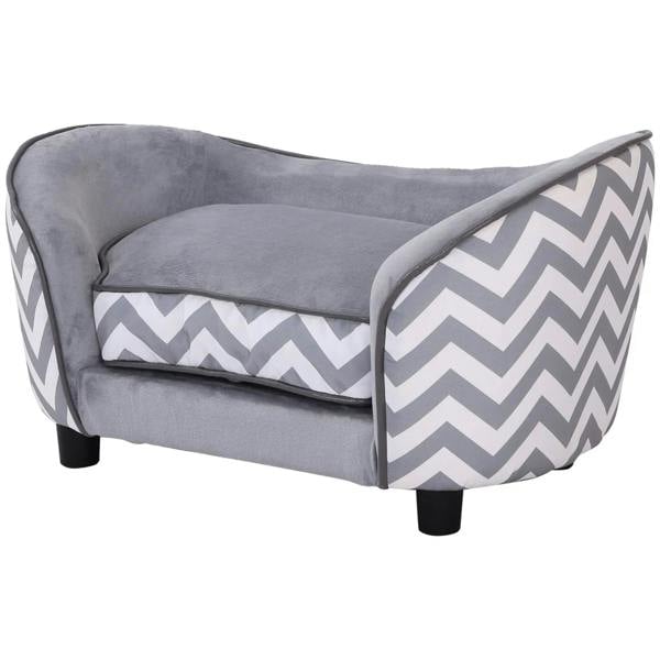 Grey dog sofa with zigzag side panels and removable padded cushion