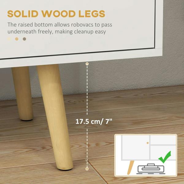 White TV stand cabinet with solid wood legs and raised base for airflow.