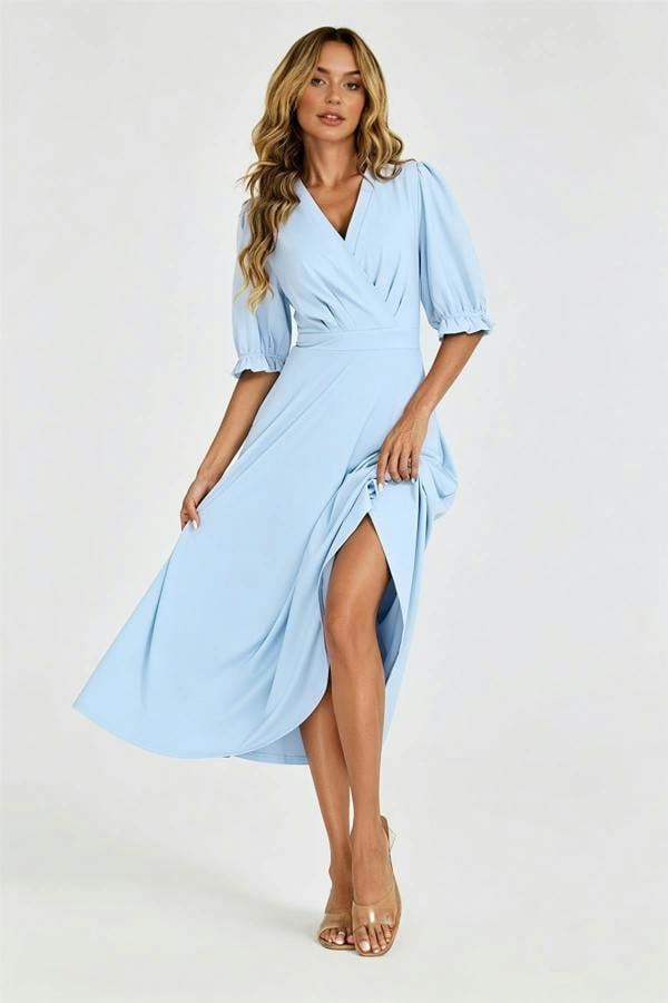FS Collection Half Sleeves Jersey Midi Dress with Wrap Neckline In Pale Blue