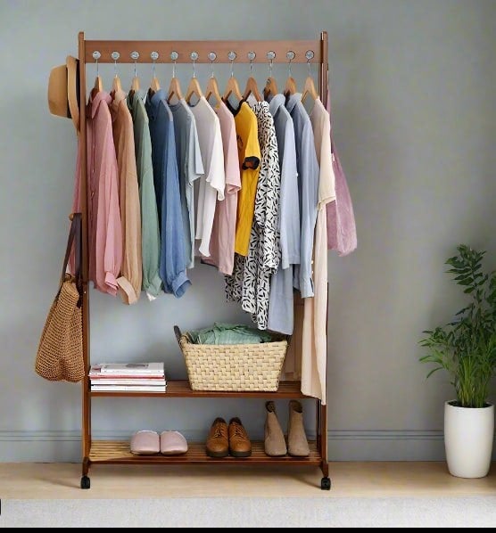 Modcraft Rustic Bamboo Clothes Rail Rack with Rolling Wheels, Two-Tier Shoe Shelves, Adjustable Top Shelf