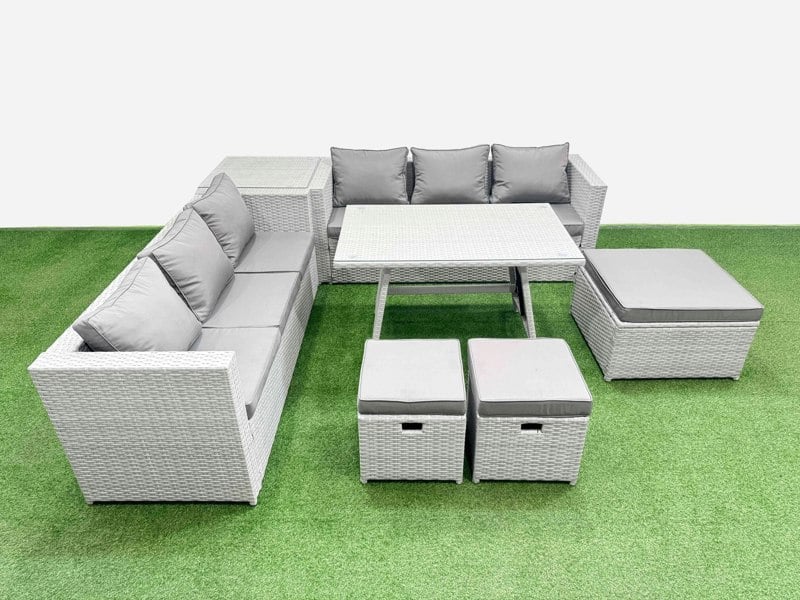Fimous Rattan Garden Furniture Dining Set 9 seater Patio Rectangular Table 3 Seater Sofa Set with Side Table 3 Stools Light Grey