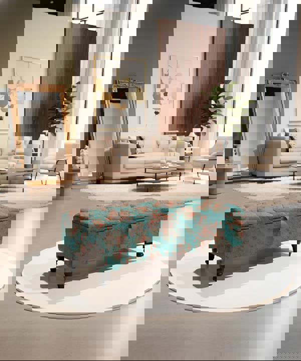 ISTOOLS Premium Teal Blue Floral Chenille Footstool – Luxury Comfort UK