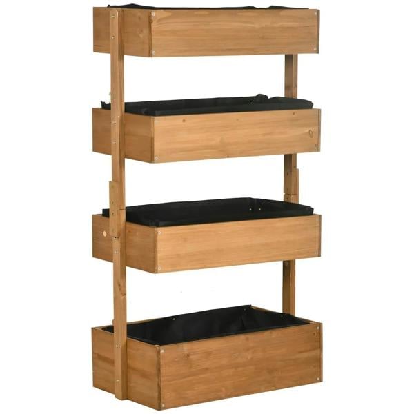 Four-tier wooden plant stand with four planter boxes and black liners, orange wood frame