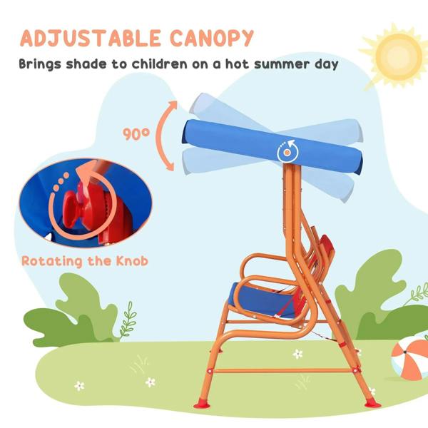 Adjustable blue canopy on two-seat kids swing with orange metal frame