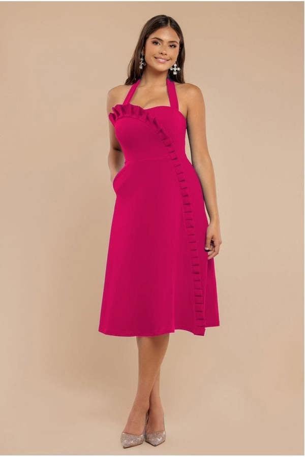 Frilled Halter Neck Strap Midi Dress - Magenta DR4205