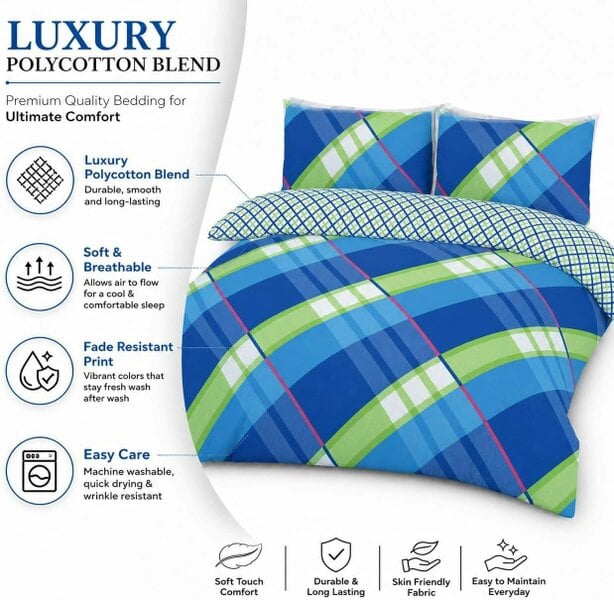 Night Zone Hardy Check Stripe Polycotton Duvet Cover Set – Soft Easy Care Bedding with Pillowcases
