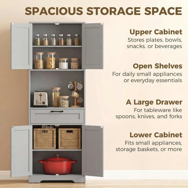170 cm Tall Kitchen Pantry with Adjustable Shelves, Freestanding Storage Cabinet with Open Shelf, Grey