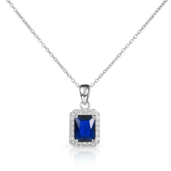namana 925 Sterling Silver Emerald Cut Blue Halo Pendant Necklace For Women