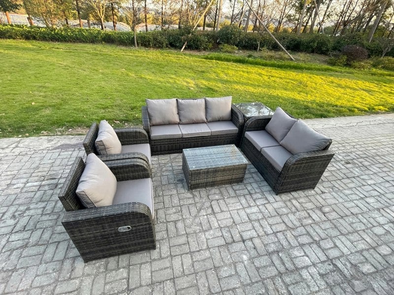 Fimous 7 Seater Rattan Wicker Garden Furniture Patio Conservatory Sofa Set with Rectangular Coffee Table 3 Seater Sofa Love Sofa Side Table