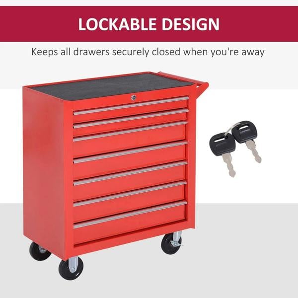 Red tool cabinet with 7 drawers and lock keys on caster wheels