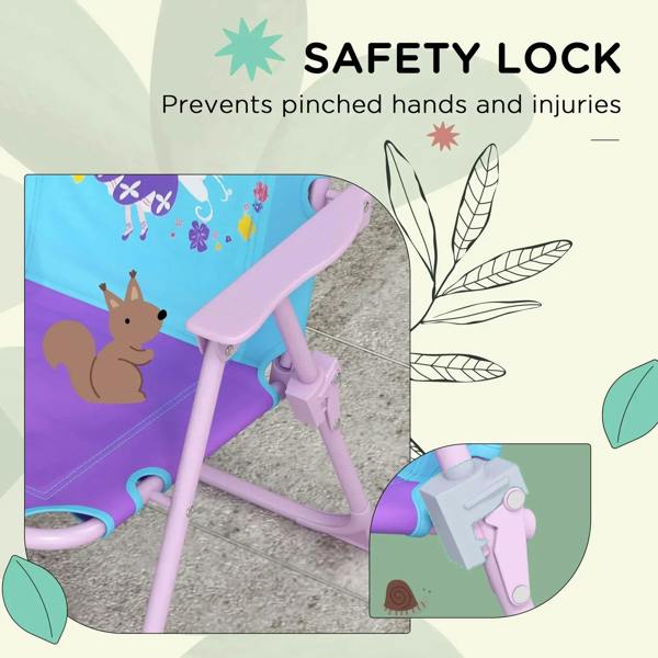 Kids fairy-themed chair with safety lock area and purple frame