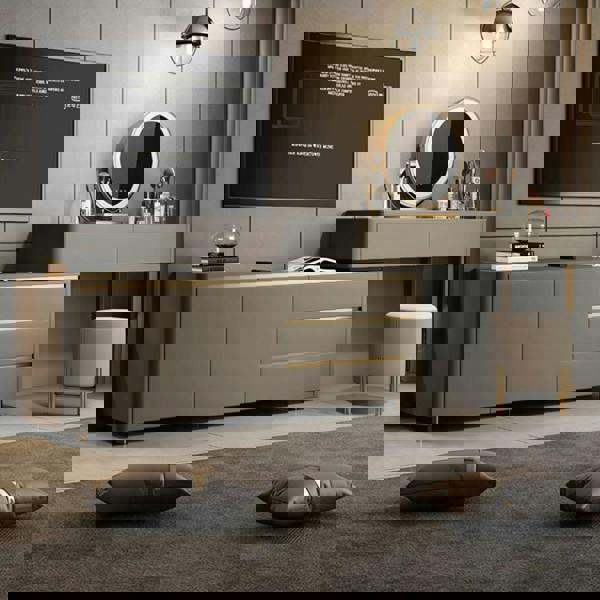 Dempsey Dressing Table With Sideboard, Extendable, Corner Dressing Table in a lifestyle setting with sideboard grey oak