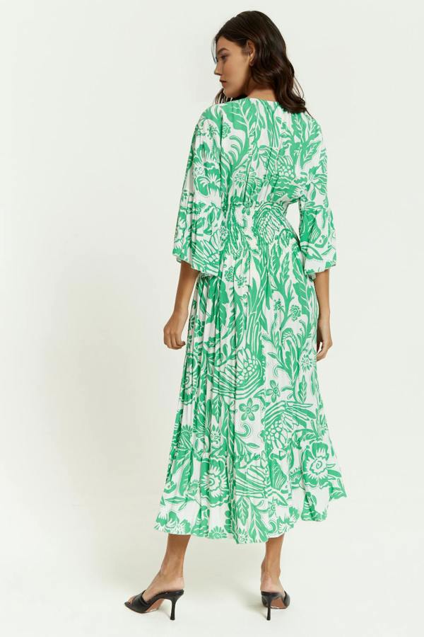 Hoxton Gal Oversized V Neck Detailed Floral Print Maxi Dress in Green and White