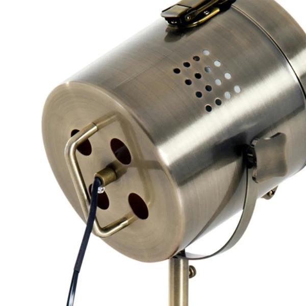 Brushed metal spotlight head with vent holes and handle bracket for tripod lamp