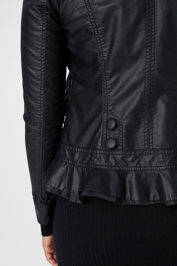 Black | Frilled Front Faux Leather Jacket