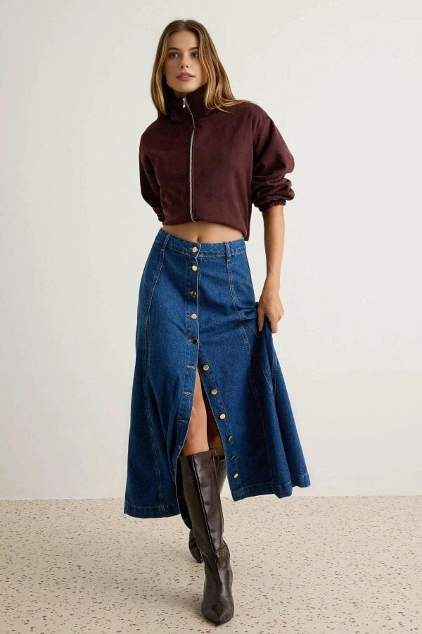 WOVCOR High Waist Button Front Maxi Denim Skirt