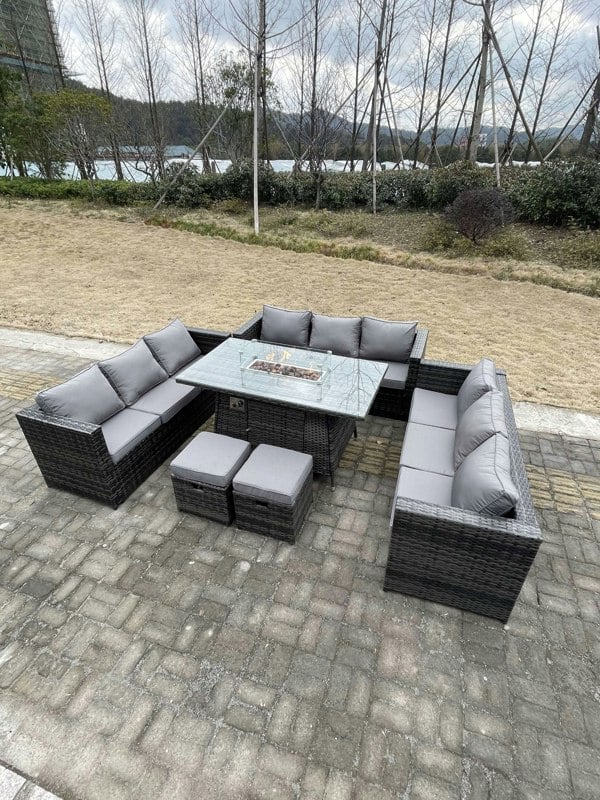 Fimous Rattan Outdoor Garden Furniture Set with Gas Firepit Dining Table, 3 Sofas, 2 Foot Stools - 11 Seater - Dark Grey