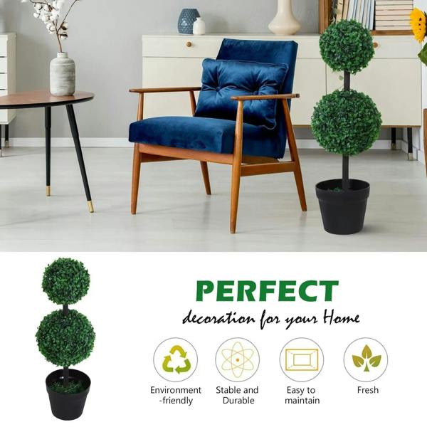 Set of 2 artificial boxwood ball topiary trees with green foliage, in black pots