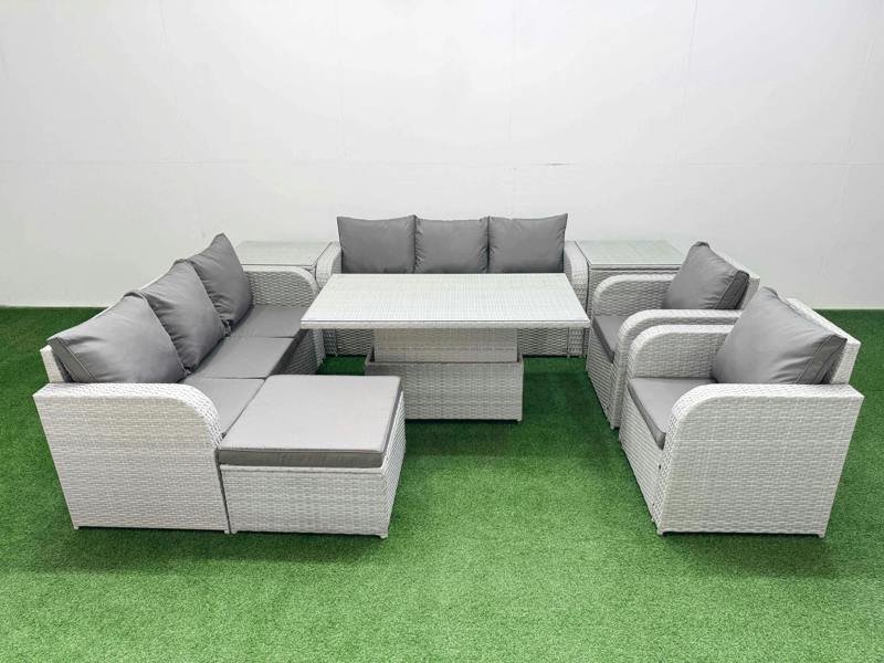 Fimous PE Rattan High Back Lounge Set, Adj Height Table, 3 Seater Sofa, Reclining Chair, Big Footstool and 2 Side Tables, Light Grey