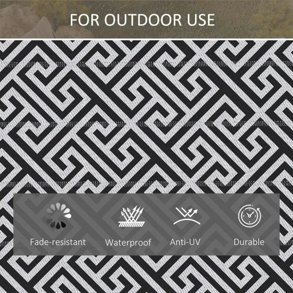 Black and white Greek key patterned reversible outdoor rug, close-up surface detail.