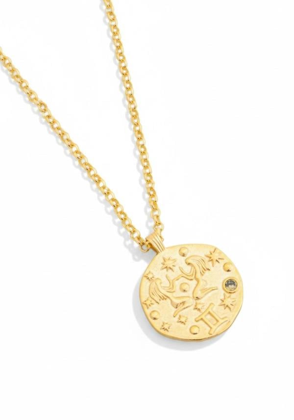 18k gold plated Gemini pendant necklace with its birthstone.