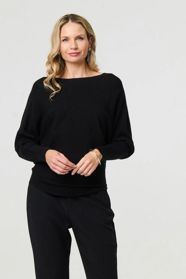 Black | Lace Trim V-Back Boat Neck Jumper Top
