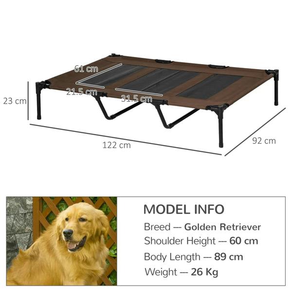 Raised pet cot bed with brown and gray breathable mesh, with size dimensions