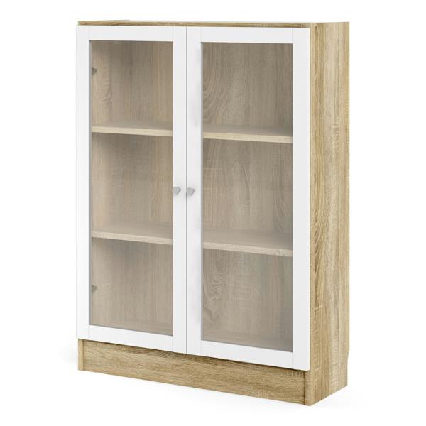 Furniture To Go Basic Low Wide Display Cabinet in Oak (2 Shelves) with 2 Glass Doors in White