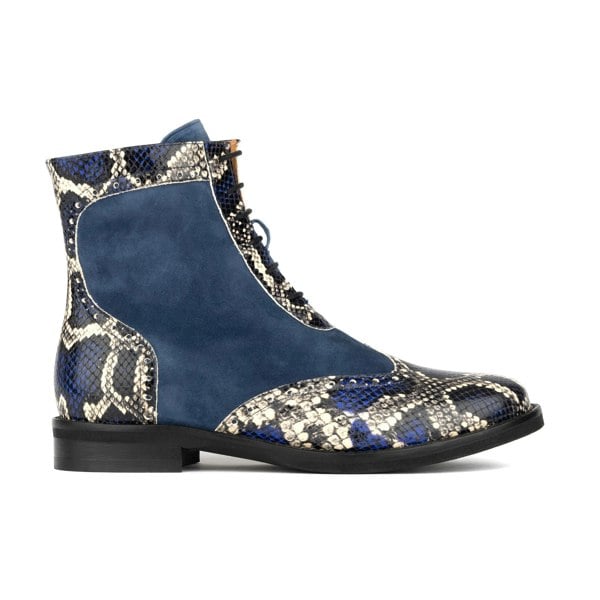 Embassy London Mantis - Blue Snake - Women's above-the-ankle lace-up boot with brogue & snake print detailing