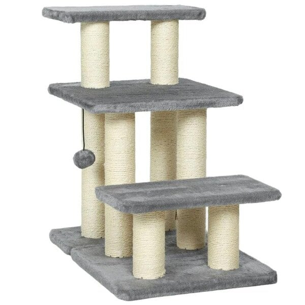 Pet Steps for Bed, 3 Step Adjustable Pet Stairs for Sofa with 6 Sisal Scratching Posts for Small Dogs & Cats, Grey