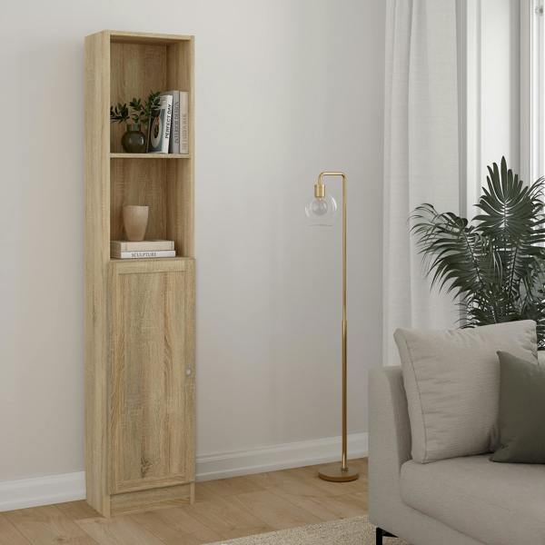 Furniture To Go Basic Tall Narrow Combination Storage Bookcase in Oak (4 Shelves) with Oak Door