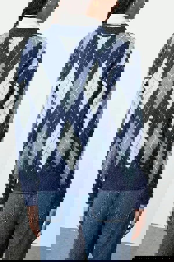 WOVCOR V-Neck Soft Texture Argyle Pattern Knit Cardigan