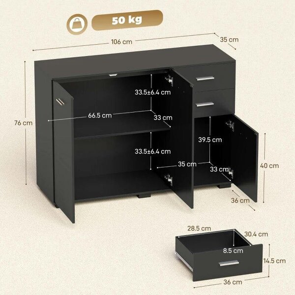 Sideboard, Modern Storage Cabinet with 2 Drawers, 3 Doors and Adjustable Shelves, Black