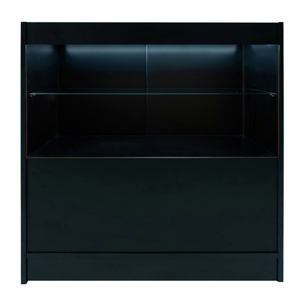 Sleek black Andromeda LED shop counter set with a glass shelf, featuring modern design and illuminated display area for products