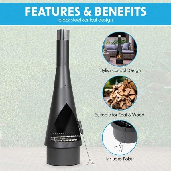 45x150cm BLACK STEEL Round Chininea Wood Burner - Fire Pit Garden Heater Outdoor - LoopsDirect