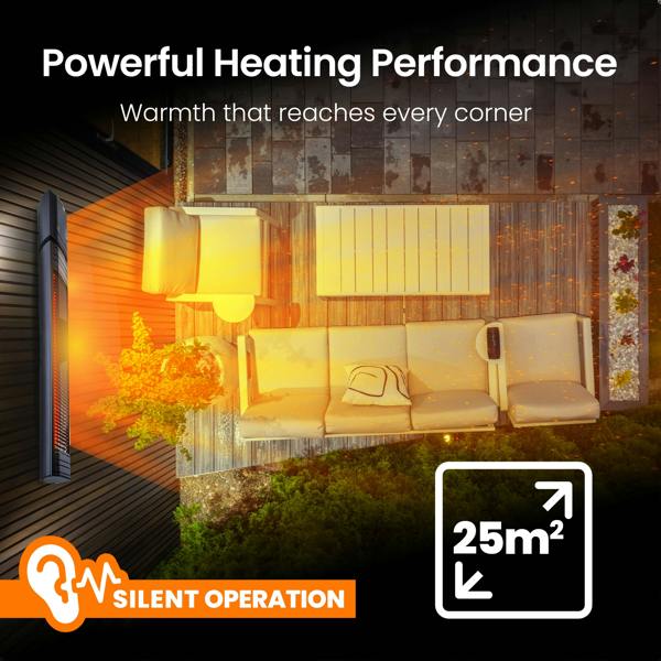 Castle Heaters 2500W Wi-Fi Infrared Patio Heater – Low Glare, Remote Control, IP65 | KMH-25R9