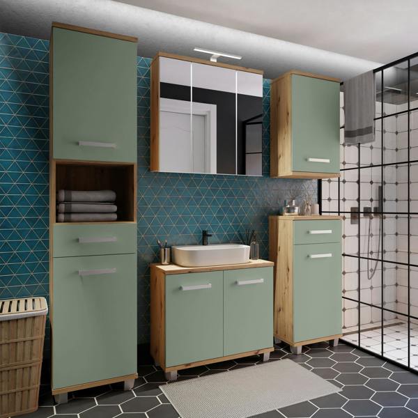 Furniture To Go Veris Tall Narrow Bathroom Cupboard with 2 Doors & 1 Drawer in Artisan Oak and Sage Green