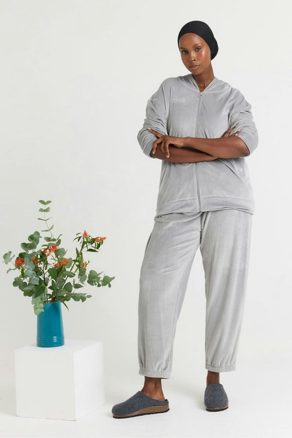 Velour Hoody Jogger Set in Grey - Loungewear